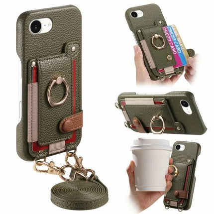 Litchi Texture Card Bag Ring Holder Vegan Leather + PC Phone Case with Shoulder Strap, For iPhone 14 Pro, For iPhone 14 Pro Max, For iPhone 6 / 7 / 8