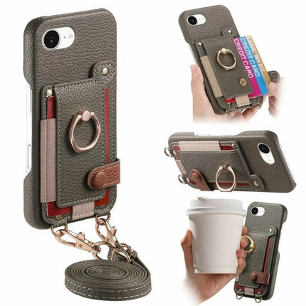 Litchi Texture Card Bag Ring Holder Vegan Leather + PC Phone Case with Shoulder Strap, For iPhone 14 Pro, For iPhone 14 Pro Max, For iPhone 6 / 7 / 8