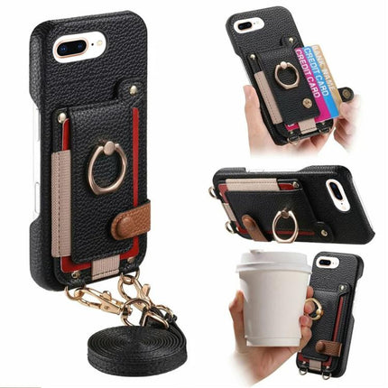 Litchi Texture Card Bag Ring Holder Vegan Leather + PC Phone Case with Shoulder Strap, For iPhone XR, For iPhone XS Max, For iPhone 6 Plus/7 Plus/8 Plus