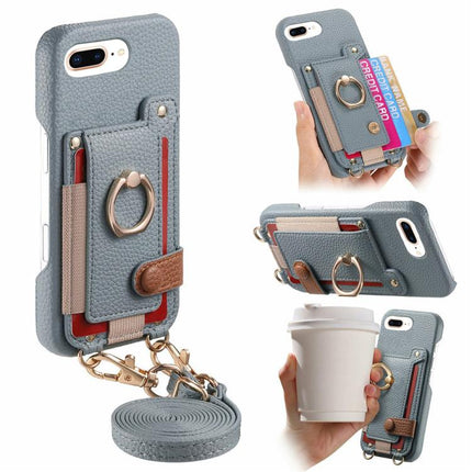 Litchi Texture Card Bag Ring Holder Vegan Leather + PC Phone Case with Shoulder Strap, For iPhone XR, For iPhone XS Max, For iPhone 6 Plus/7 Plus/8 Plus