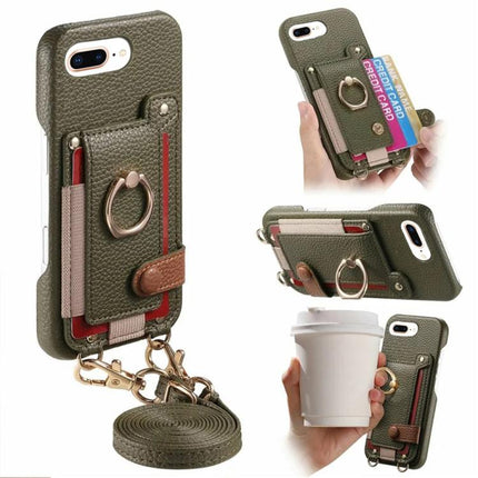 Litchi Texture Card Bag Ring Holder Vegan Leather + PC Phone Case with Shoulder Strap, For iPhone XR, For iPhone XS Max, For iPhone 6 Plus/7 Plus/8 Plus