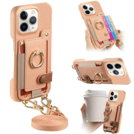 Litchi Texture Card Bag Ring Holder Vegan Leather + PC Phone Case with Shoulder Strap, For iPhone 11, For iPhone 11 Pro, For iPhone X / XS
