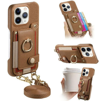 Litchi Texture Card Bag Ring Holder Vegan Leather + PC Phone Case with Shoulder Strap, For iPhone 11, For iPhone 11 Pro, For iPhone X / XS