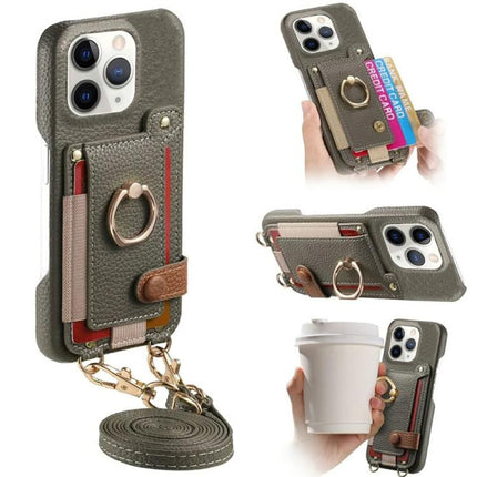 Litchi Texture Card Bag Ring Holder Vegan Leather + PC Phone Case with Shoulder Strap, For iPhone 11, For iPhone 11 Pro, For iPhone X / XS
