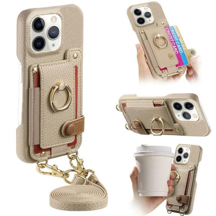 Litchi Texture Card Bag Ring Holder Vegan Leather + PC Phone Case with Shoulder Strap, For iPhone 12 Pro, For iPhone 12 mini, For iPhone 11 Pro Max