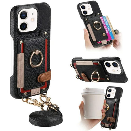 Litchi Texture Card Bag Ring Holder Vegan Leather + PC Phone Case with Shoulder Strap, For iPhone 12 Pro, For iPhone 12 mini, For iPhone 11 Pro Max