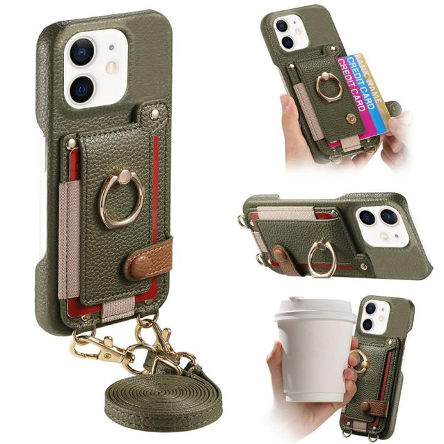 Litchi Texture Card Bag Ring Holder Vegan Leather + PC Phone Case with Shoulder Strap, For iPhone 12 Pro, For iPhone 12 mini, For iPhone 11 Pro Max