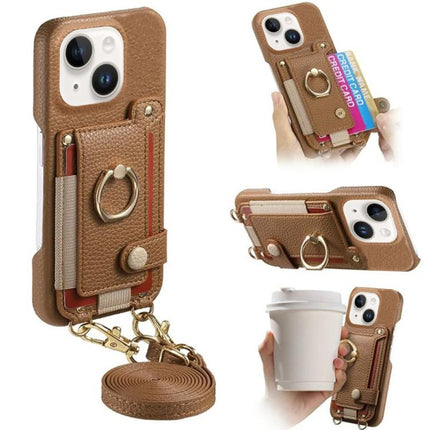 Litchi Texture Card Bag Ring Holder Vegan Leather + PC Phone Case with Shoulder Strap, For iPhone 13 mini, For iPhone 12, For iPhone 12 Pro Max