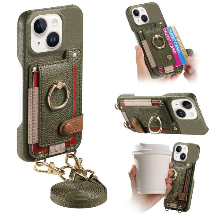 Litchi Texture Card Bag Ring Holder Vegan Leather + PC Phone Case with Shoulder Strap, For iPhone 13 mini, For iPhone 12, For iPhone 12 Pro Max