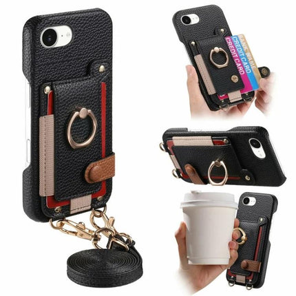 Litchi Texture Card Bag Ring Holder Vegan Leather + PC Phone Case with Shoulder Strap, For iPhone 16e / 17e, For iPhone 17 Pro Max, For iPhone 17 Pro