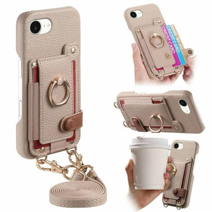 Litchi Texture Card Bag Ring Holder Vegan Leather + PC Phone Case with Shoulder Strap, For iPhone 16e / 17e, For iPhone 17 Pro Max, For iPhone 17 Pro
