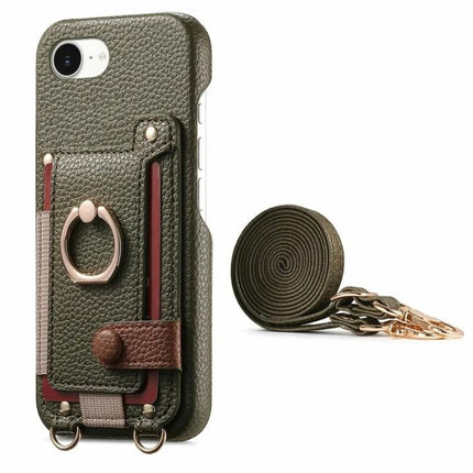 Litchi Texture Card Bag Ring Holder Vegan Leather + PC Phone Case with Shoulder Strap, For iPhone 16e / 17e, For iPhone 17 Pro Max, For iPhone 17 Pro