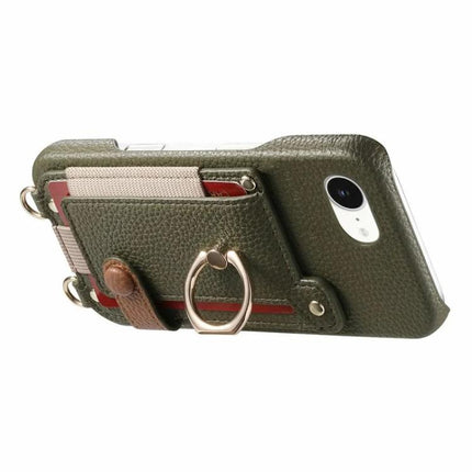 Litchi Texture Card Bag Ring Holder Vegan Leather + PC Phone Case with Shoulder Strap, For iPhone 16e / 17e, For iPhone 17 Pro Max, For iPhone 17 Pro