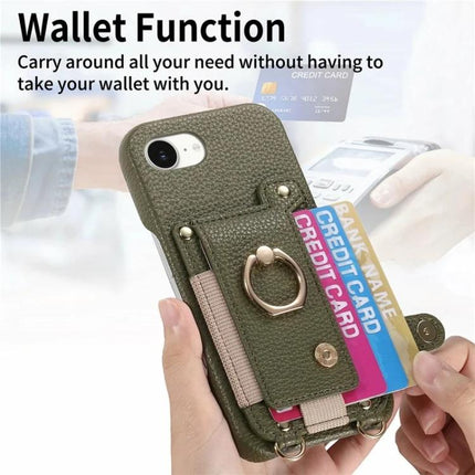 Litchi Texture Card Bag Ring Holder Vegan Leather + PC Phone Case with Shoulder Strap, For iPhone 16e / 17e, For iPhone 17 Pro Max, For iPhone 17 Pro
