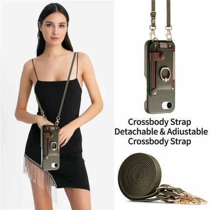 Litchi Texture Card Bag Ring Holder Vegan Leather + PC Phone Case with Shoulder Strap, For iPhone 16e / 17e, For iPhone 17 Pro Max, For iPhone 17 Pro