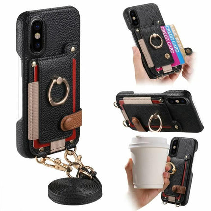 Litchi Texture Card Bag Ring Holder Vegan Leather + PC Phone Case with Shoulder Strap, For iPhone 11, For iPhone 11 Pro, For iPhone X / XS
