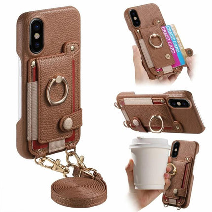 Litchi Texture Card Bag Ring Holder Vegan Leather + PC Phone Case with Shoulder Strap, For iPhone 11, For iPhone 11 Pro, For iPhone X / XS