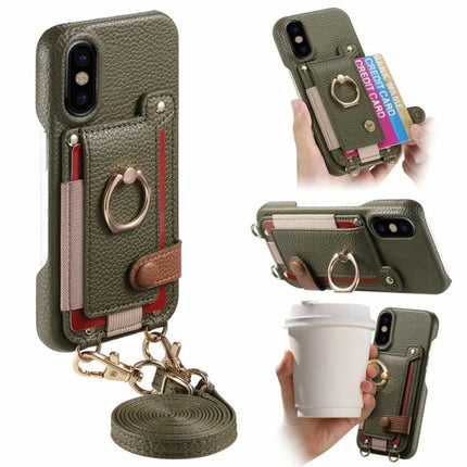 Litchi Texture Card Bag Ring Holder Vegan Leather + PC Phone Case with Shoulder Strap, For iPhone 11, For iPhone 11 Pro, For iPhone X / XS