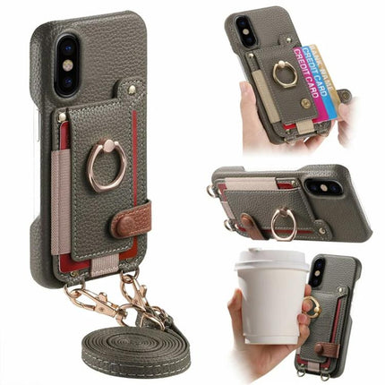 Litchi Texture Card Bag Ring Holder Vegan Leather + PC Phone Case with Shoulder Strap, For iPhone 11, For iPhone 11 Pro, For iPhone X / XS