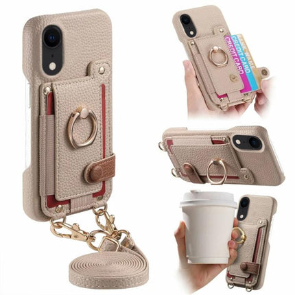 Litchi Texture Card Bag Ring Holder Vegan Leather + PC Phone Case with Shoulder Strap, For iPhone XR, For iPhone XS Max, For iPhone 6 Plus/7 Plus/8 Plus