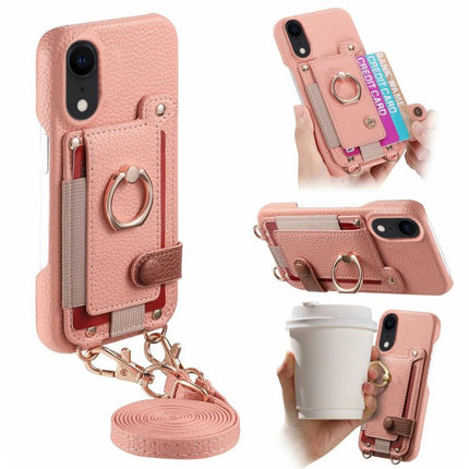 Litchi Texture Card Bag Ring Holder Vegan Leather + PC Phone Case with Shoulder Strap, For iPhone XR, For iPhone XS Max, For iPhone 6 Plus/7 Plus/8 Plus