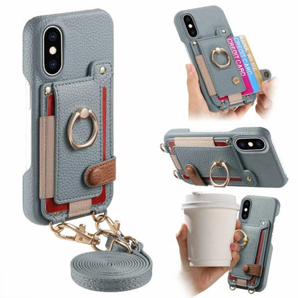 Litchi Texture Card Bag Ring Holder Vegan Leather + PC Phone Case with Shoulder Strap, For iPhone XR, For iPhone XS Max, For iPhone 6 Plus/7 Plus/8 Plus