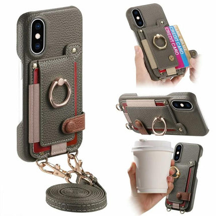Litchi Texture Card Bag Ring Holder Vegan Leather + PC Phone Case with Shoulder Strap, For iPhone XR, For iPhone XS Max, For iPhone 6 Plus/7 Plus/8 Plus