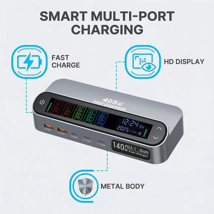 YMX-LCD405W 405W 3xType-C and 2xUSB GaN Smart Digital Display Multi-Function Charger, AU Plug, EU Plug, UK Plug, US Plug