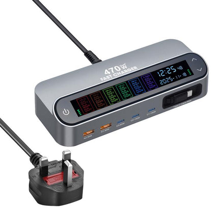 YMX-LCD470W 470W 3xType-C and 2xUSB GaN Smart Digital Display Multi-Function Charger with Type-C Retractable Cable, AU Plug, EU Plug, UK Plug, US Plug
