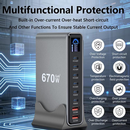YMX-LCD670W 670W 6xType-C and 2xUSB GaN Digital Display Multi-Function Charger, AU Plug, EU Plug, UK Plug, US Plug