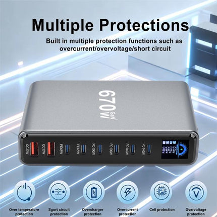 YMX-LCD670W 670W 6xType-C and 2xUSB GaN Digital Display Multi-Function Charger, AU Plug, EU Plug, UK Plug, US Plug