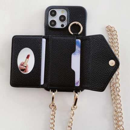 Crossbody Mirror Wallet Litchi Vegan Leather Back Phone Case, For iPhone 17 Pro Max, For iPhone 17 Pro, For iPhone 17, For iPhone Air