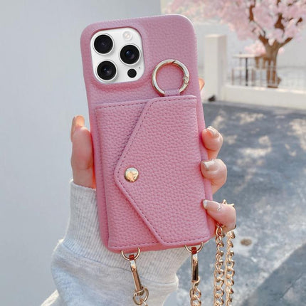 Crossbody Mirror Wallet Litchi Vegan Leather Back Phone Case, For iPhone 16 Pro Max, For iPhone 16 Pro, For iPhone 16 Plus, For iPhone 16