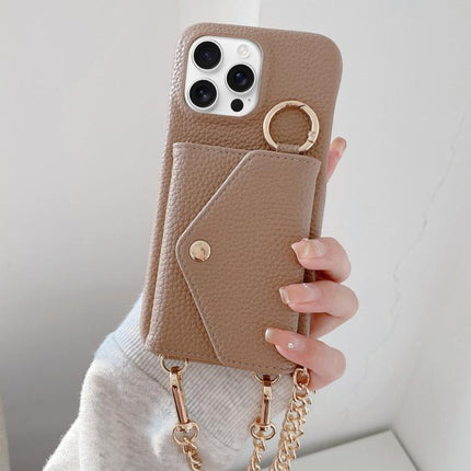 Crossbody Mirror Wallet Litchi Vegan Leather Back Phone Case, For iPhone 16 Pro Max, For iPhone 16 Pro, For iPhone 16 Plus, For iPhone 16