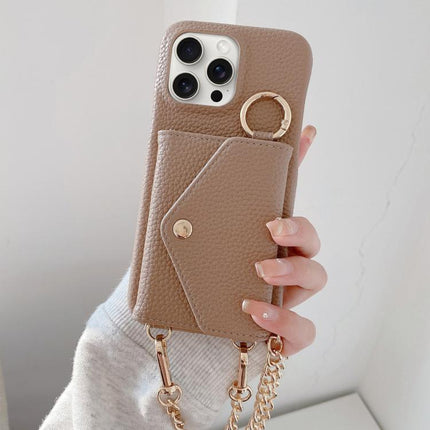 Crossbody Mirror Wallet Litchi Vegan Leather Back Phone Case, For iPhone 15 Pro Max, For iPhone 15 Pro, For iPhone 15 Plus, For iPhone 15