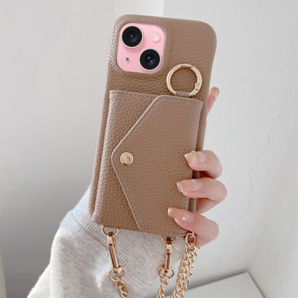 Crossbody Mirror Wallet Litchi Vegan Leather Back Phone Case, For iPhone 15 Pro Max, For iPhone 15 Pro, For iPhone 15 Plus, For iPhone 15