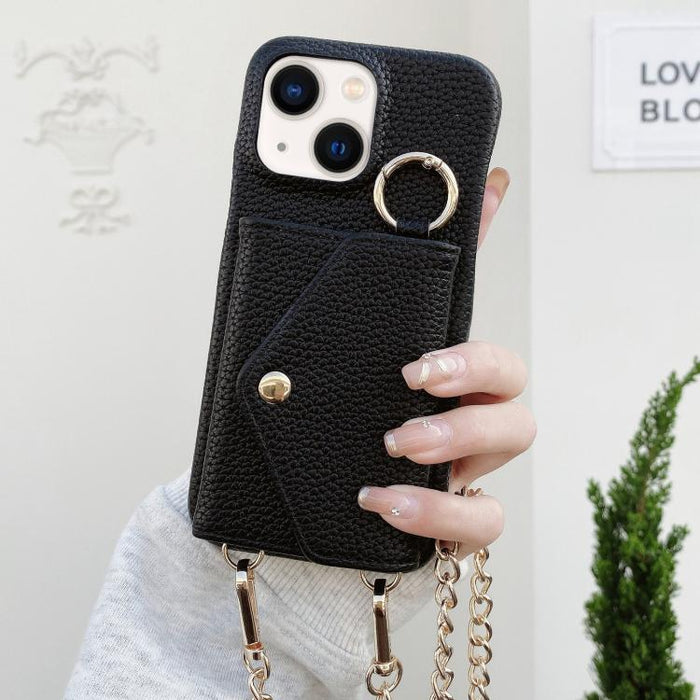 Crossbody Mirror Wallet Litchi Vegan Leather Back Phone Case, For iPhone 14 Plus, For iPhone 14, For iPhone 14 Pro, For iPhone 14 Pro Max