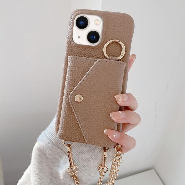 Crossbody Mirror Wallet Litchi Vegan Leather Back Phone Case, For iPhone 14 Plus, For iPhone 14, For iPhone 14 Pro, For iPhone 14 Pro Max