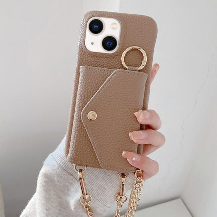 Crossbody Mirror Wallet Litchi Vegan Leather Back Phone Case, For iPhone 14 Plus, For iPhone 14, For iPhone 14 Pro, For iPhone 14 Pro Max