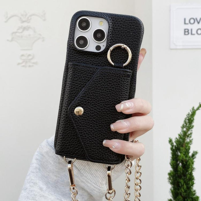 Crossbody Mirror Wallet Litchi Vegan Leather Back Phone Case, For iPhone 13 Pro Max, For iPhone 13 Pro, For iPhone 13, For iPhone 12