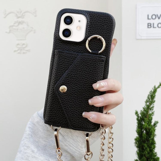 Crossbody Mirror Wallet Litchi Vegan Leather Back Phone Case, For iPhone 13 Pro Max, For iPhone 13 Pro, For iPhone 13, For iPhone 12
