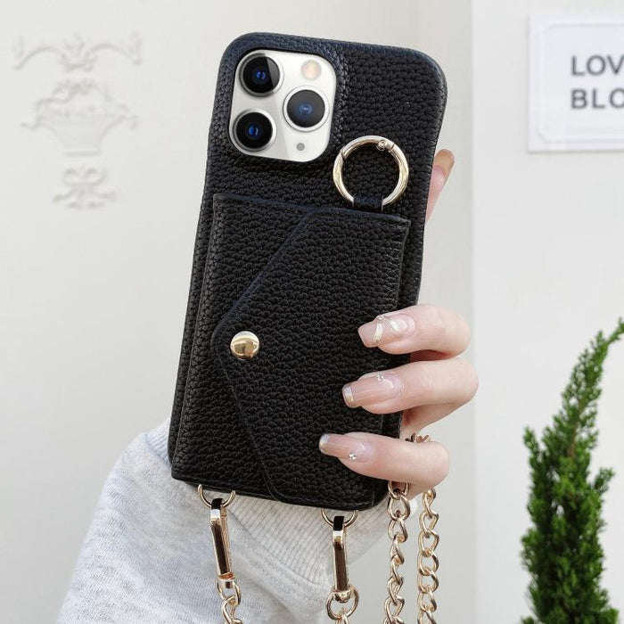 Crossbody Mirror Wallet Litchi Vegan Leather Back Phone Case, For iPhone 11 Pro