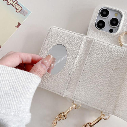 Crossbody Mirror Wallet Litchi Vegan Leather Back Phone Case, For iPhone 17 Pro Max, For iPhone 17 Pro, For iPhone 17, For iPhone Air