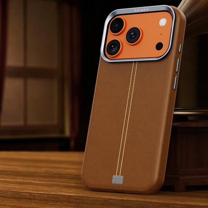 Jazz Series Retro Vegan Leather Textured Metal Frame Magnetic Phone Case, For iPhone 17 Pro Max, For iPhone 17 Pro, For iPhone 17, For iPhone Air