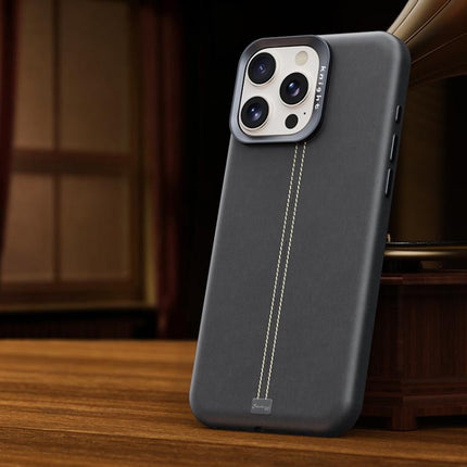 Jazz Series Retro Vegan Leather Textured Metal Frame Magnetic Phone Case, For iPhone 16 Pro Max, For iPhone 16 Pro, For iPhone 16 Plus, For iPhone 16