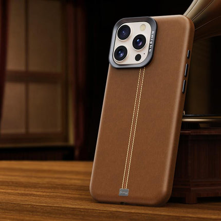 Jazz Series Retro Vegan Leather Textured Metal Frame Magnetic Phone Case, For iPhone 15 Pro Max, For iPhone 15 Pro, For iPhone 15 Plus / 14 Plus, For iPhone 15
