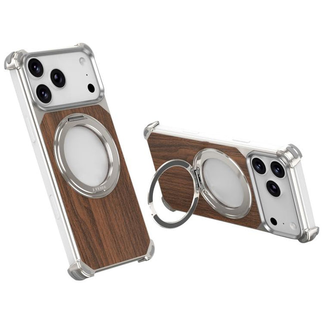 Walnut Wood Frameless Hollow Magnetic Phone Case with Rotating Holder, For iPhone 17 Pro Max, For iPhone 17 Pro