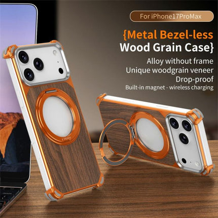 Walnut Wood Frameless Hollow Magnetic Phone Case with Rotating Holder, For iPhone 17 Pro Max, For iPhone 17 Pro
