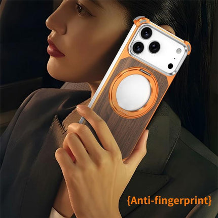 Walnut Wood Frameless Hollow Magnetic Phone Case with Rotating Holder, For iPhone 17 Pro Max, For iPhone 17 Pro