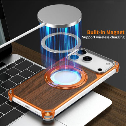 Walnut Wood Frameless Hollow Magnetic Phone Case with Rotating Holder, For iPhone 17 Pro Max, For iPhone 17 Pro